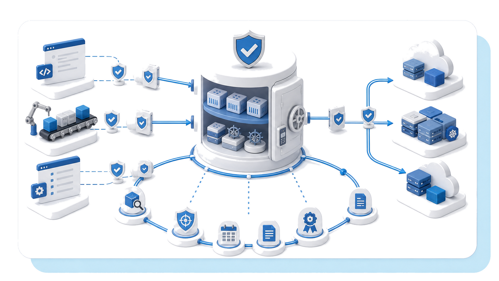 Technisches Diagramm von S3-kompatiblen Anwendungen und SDKs, die über einen geänderten Endpunkt mit OVHcloud Object Storage verbunden sind, mit Kompatibilitätsprüfungen