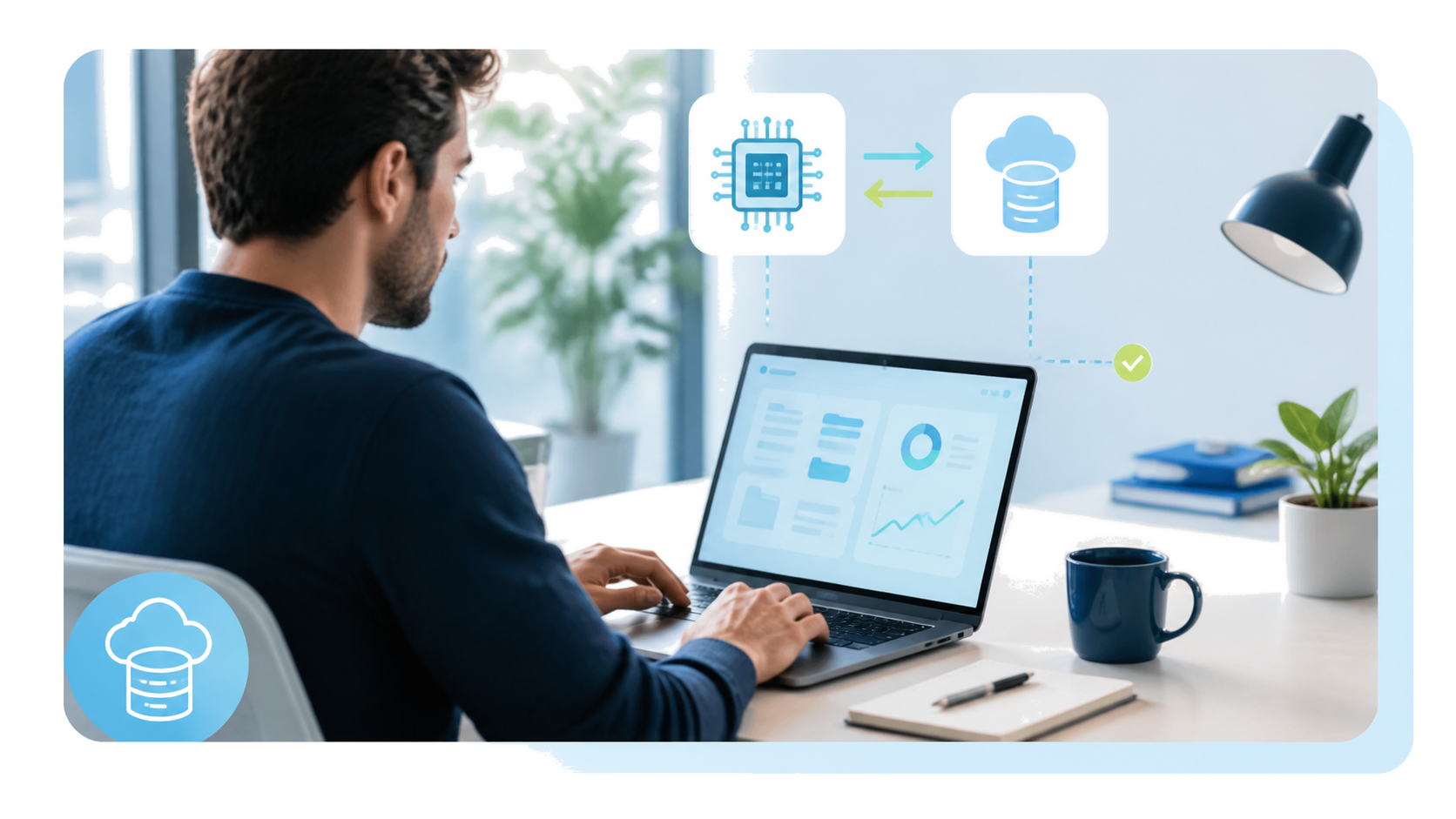 Isometric illustration of immutable cloud backup storage with locked object containers, replicated regional nodes and security shields, blue and cyan